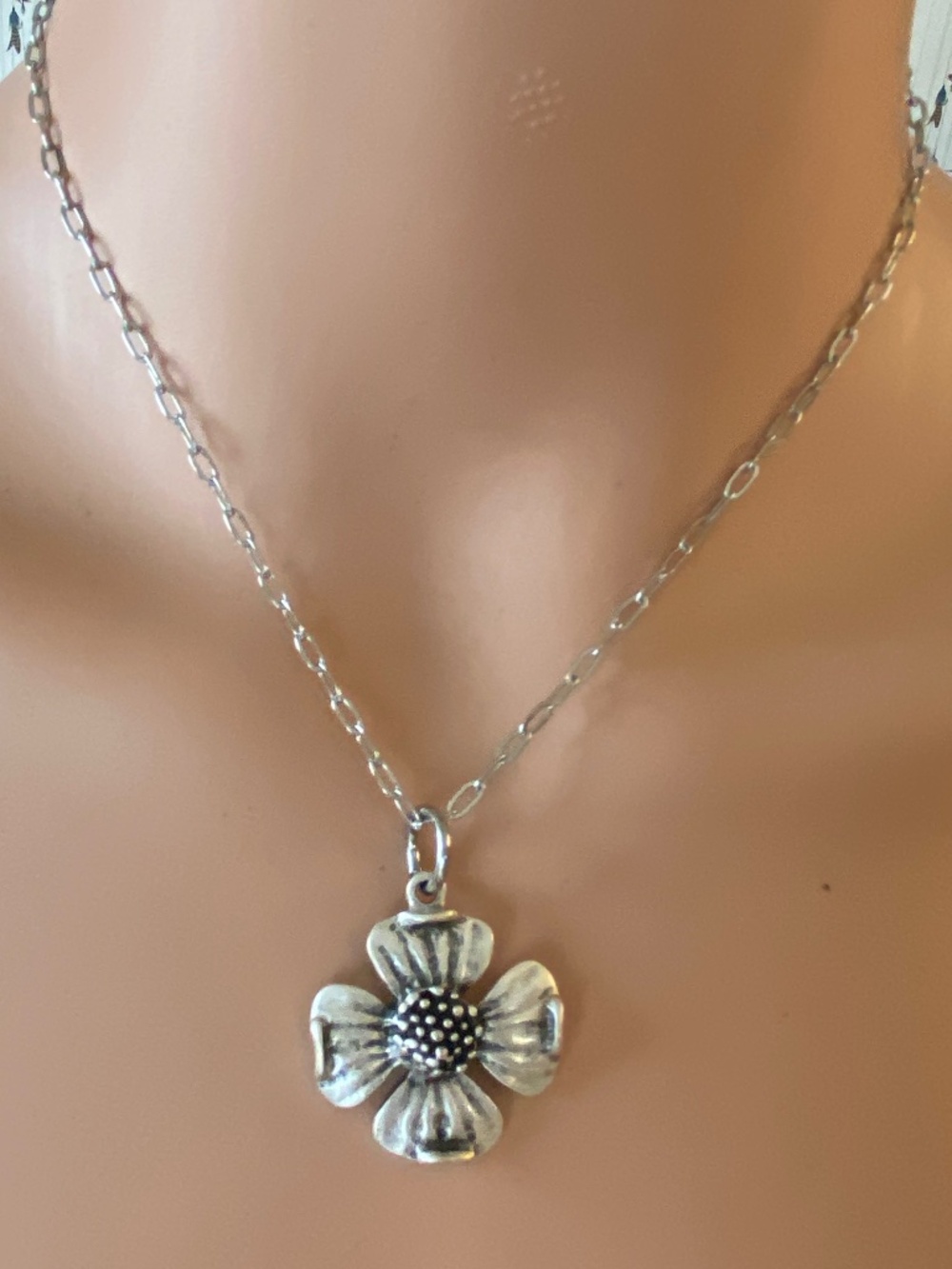 Antique Silver Flower necklace On 18" Chain
